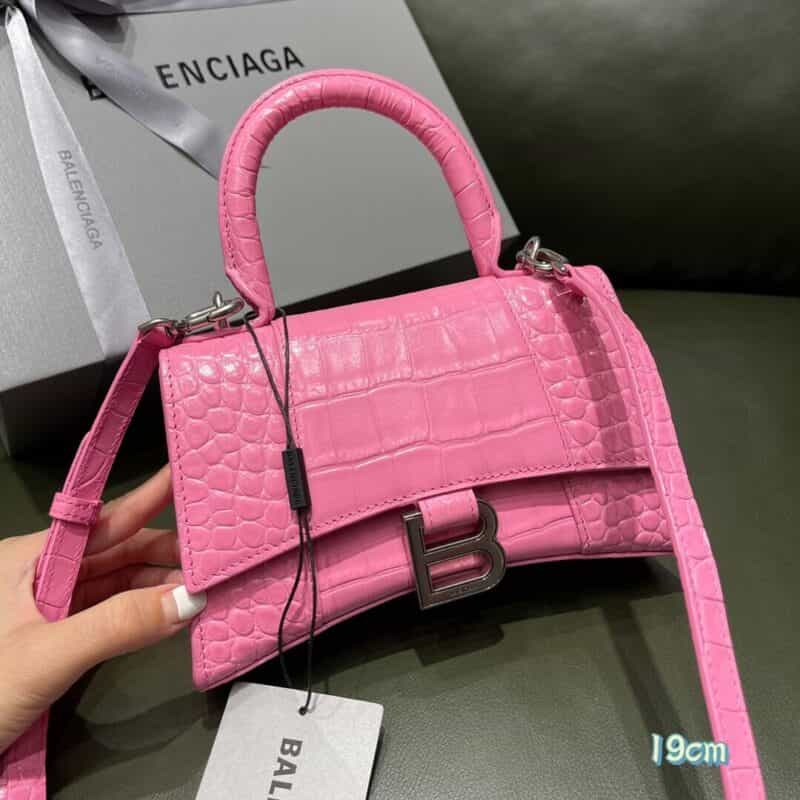 Balenciaga Hourglass XS 鳄鱼纹沙漏包 592833粉色银扣