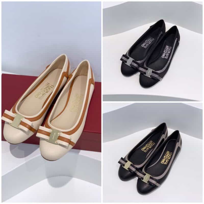 salvatore Ferraga*o 菲拉*慕VARA蝴蝶结圆头真皮拼接线条粗跟单鞋