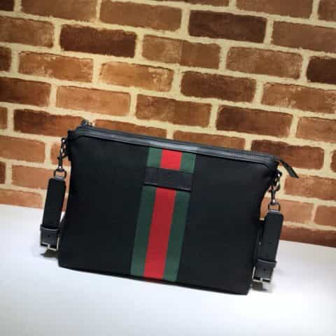 GUCCI古驰黑色帆布红绿条纹单肩包523335
