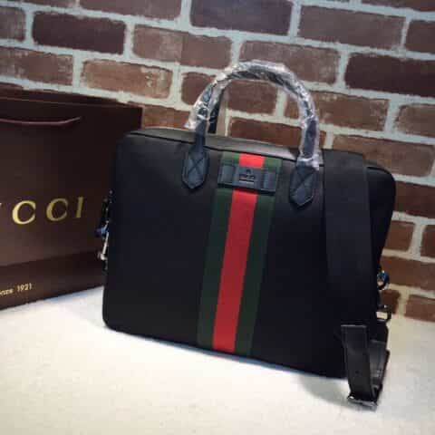 GUCCI古驰红绿条纹黑色帆布男士公文包387102