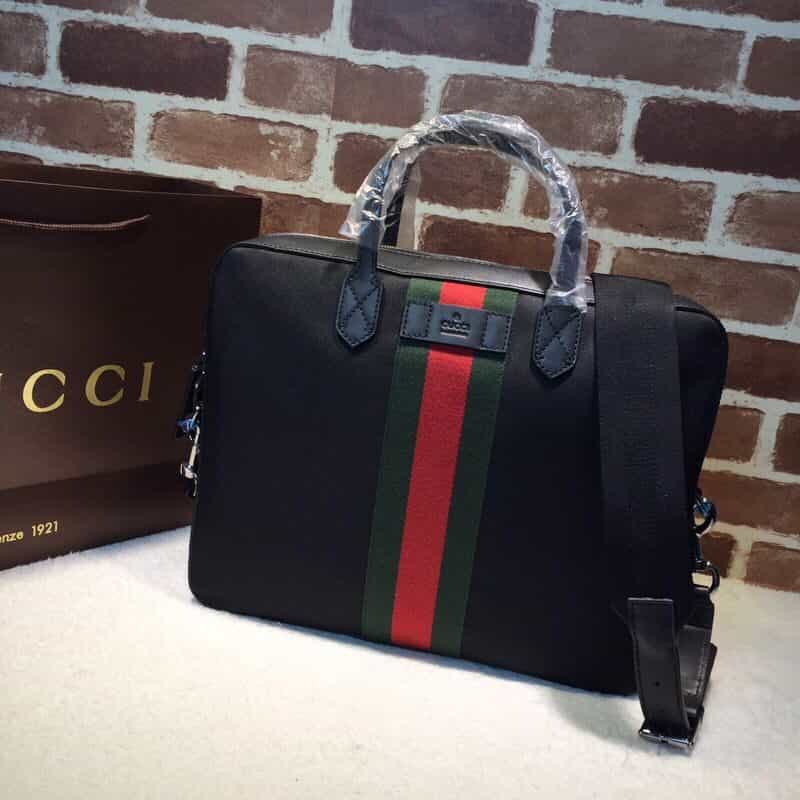 GUCCI古驰红绿条纹黑色帆布男士公文包387102