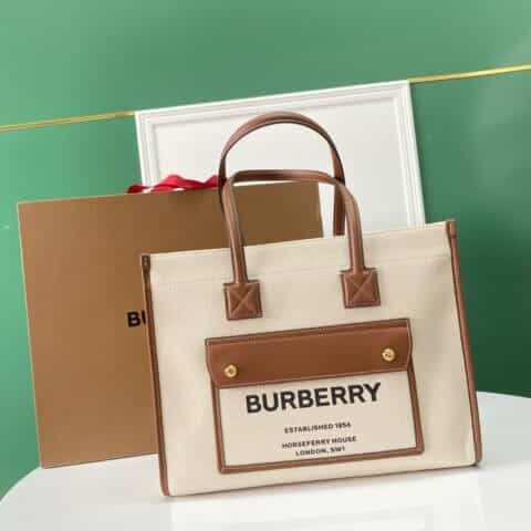 Burberry巴宝莉双色帆布拼皮皮革Freya意大利精制托特包1291