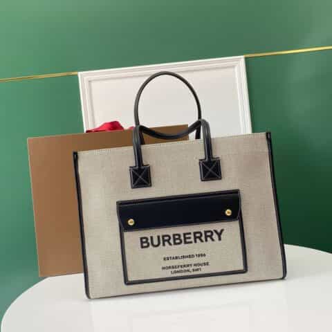 Burberry巴宝莉缉明线皮革及棉质帆布最新精制托特包