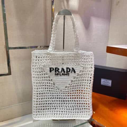 PRADA酒椰纤维托特包 1BG393白色