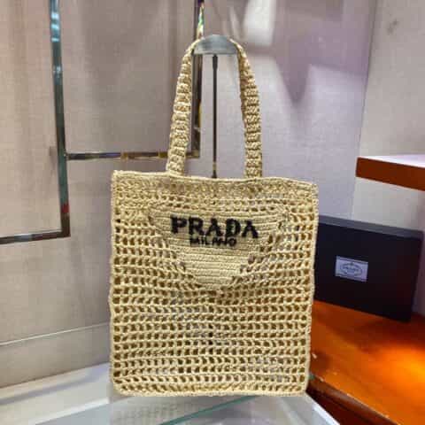PRADA酒椰纤维托特包 1BG393杏色