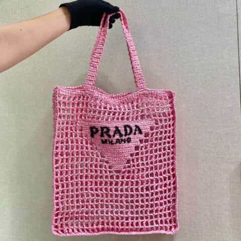 PRADA酒椰纤维托特包 1BG393粉色