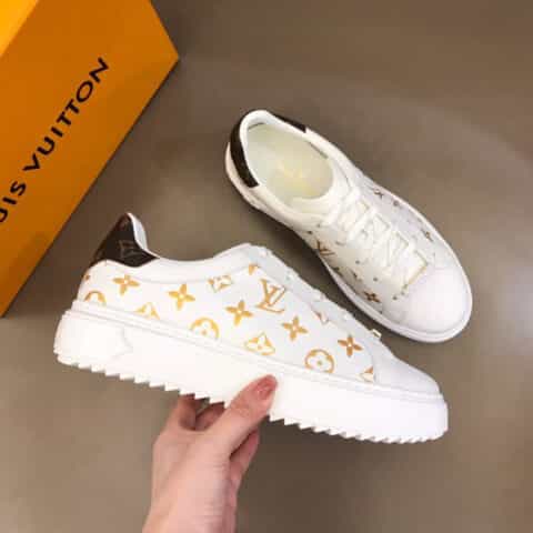 LV/路易威登 头层牛皮拼接Monogram老花帆布厚底情侣运动鞋