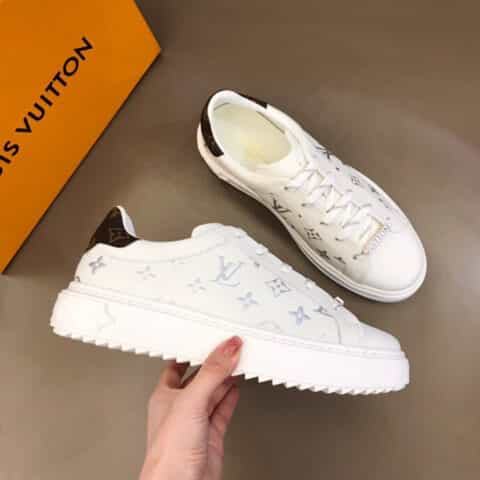 LV/路易威登 头层牛皮拼接Monogram老花帆布厚底情侣运动鞋