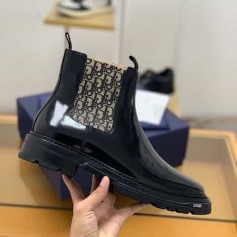 DIOR迪奥   米色和黑色oblique印花布饰带男士切尔西靴