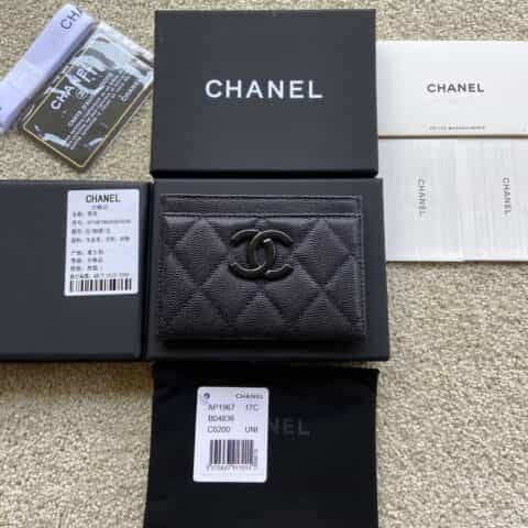 CHANEL进口意大利颗粒小牛皮卡包 AP1967黑色球纹黑色唛头