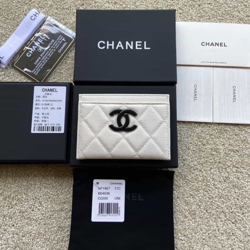 CHANEL进口意大利颗粒小牛皮卡包 AP1967白色球纹黑色唛头