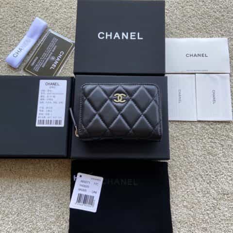 CHANEL进口意大利小羊皮小拉链卡包 A69271黑色小羊皮银色钢唛