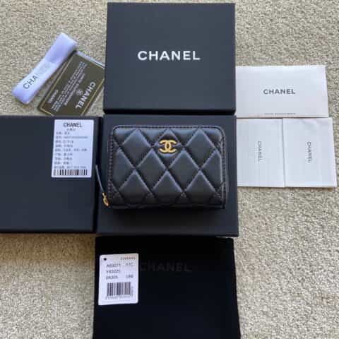 CHANEL进口意大利小羊皮小拉链卡包 A69271黑色小羊皮金色钢唛