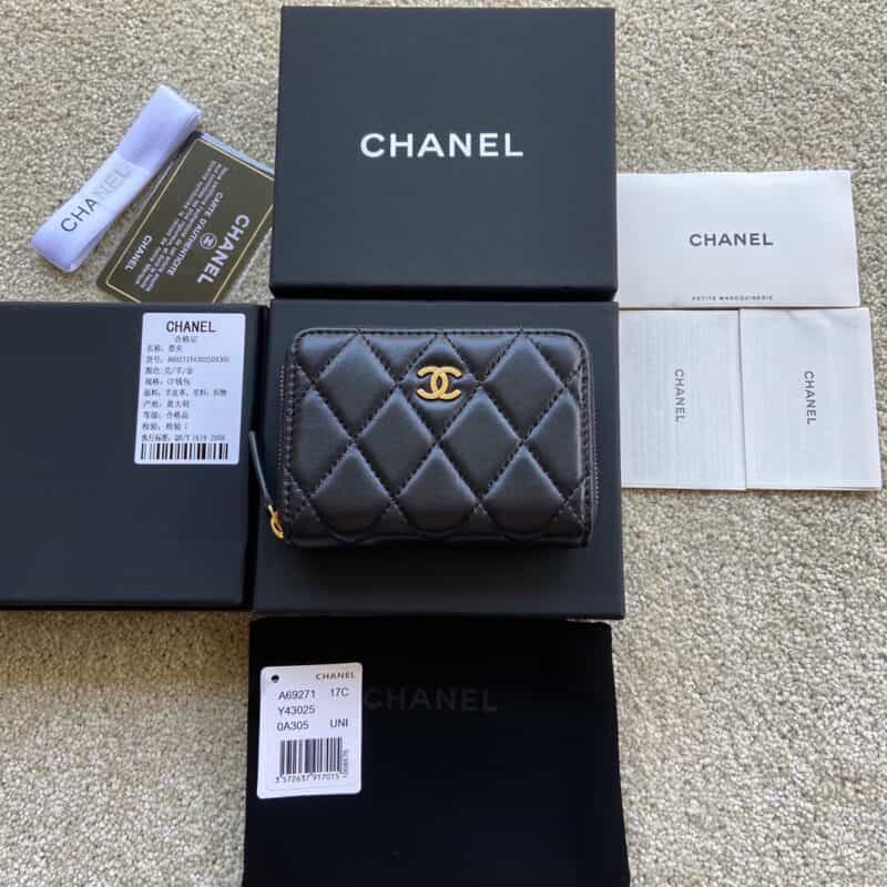 CHANEL进口意大利小羊皮小拉链卡包 A69271黑色小羊皮金色钢唛