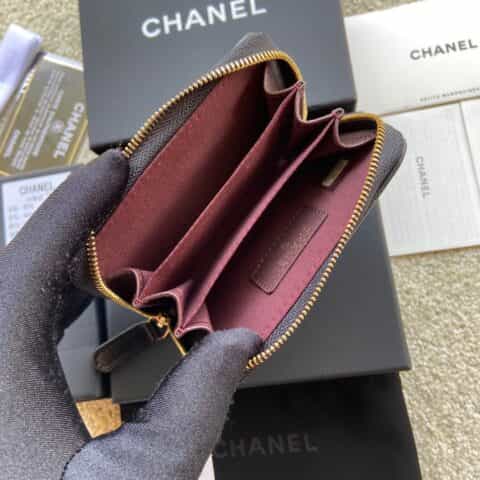 CHANEL进口意大利小羊皮小拉链卡包 A69271黑色小羊皮金色钢唛