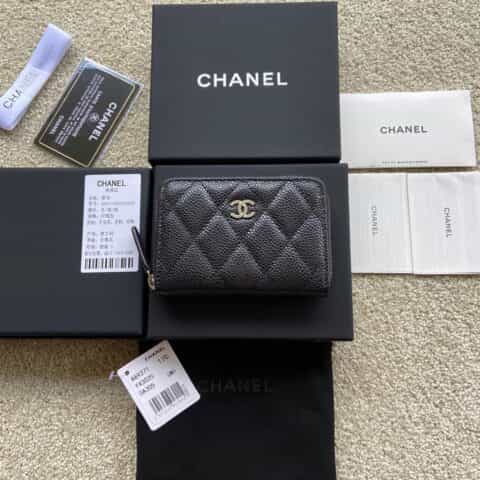 CHANEL进口意大利粒颗小牛皮小拉链卡包 A69271黑色球纹皮银色钢唛