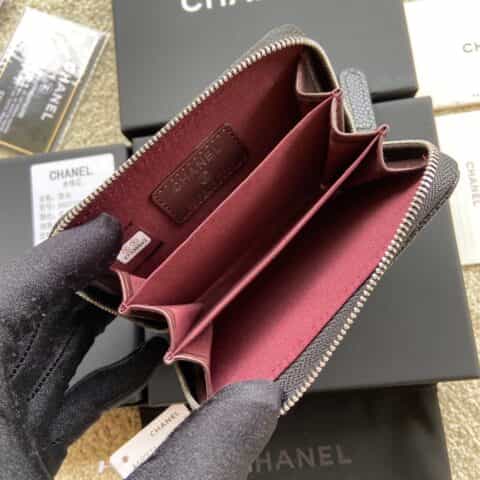 CHANEL进口意大利粒颗小牛皮小拉链卡包 A69271黑色球纹皮银色钢唛