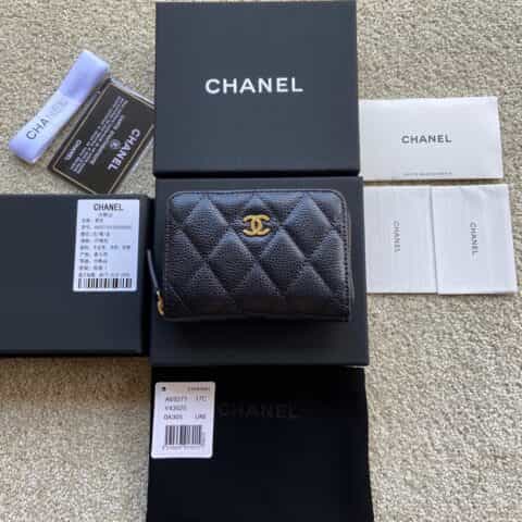 CHANEL进口意大利粒颗小牛皮小拉链卡包 A69271黑色球纹皮金色钢唛