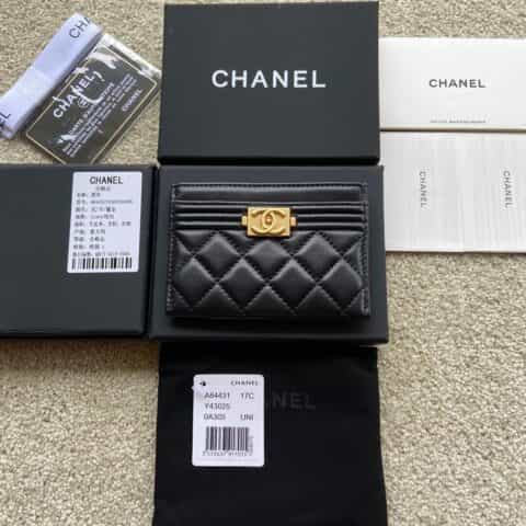 CHANEL进口意大利小羊皮卡夹 A84431黑小羊皮金色钢唛
