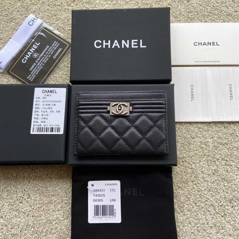 CHANEL进口意大利细颗粒小牛皮卡夹 A84431黑色细球纹银色钢唛