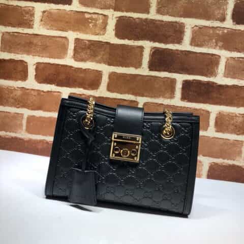 GUCCI古驰黑色皮革双G压印肩背包498156