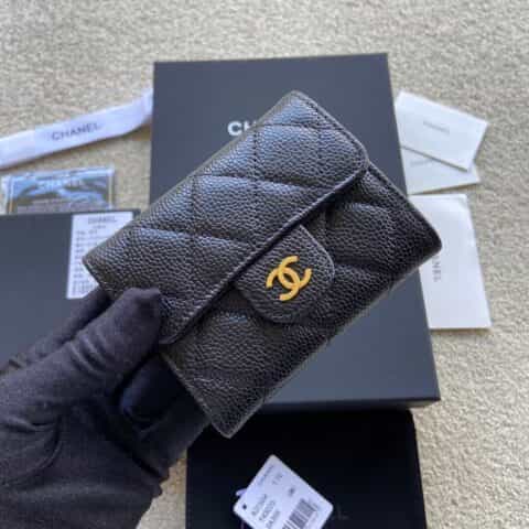 CHANEL进口意大利皮零钱包 A31504黑色球纹金色钢唛