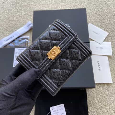 CHANEL进口意大利皮钱包 A80734黑色球纹金色五金