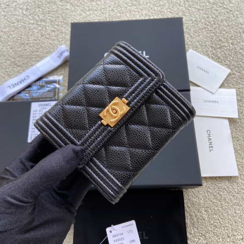 CHANEL进口意大利皮钱包 A80734黑色球纹金色五金