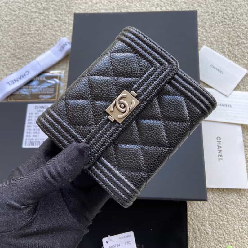 CHANEL进口意大利皮钱包 A80734黑色球纹银色五金