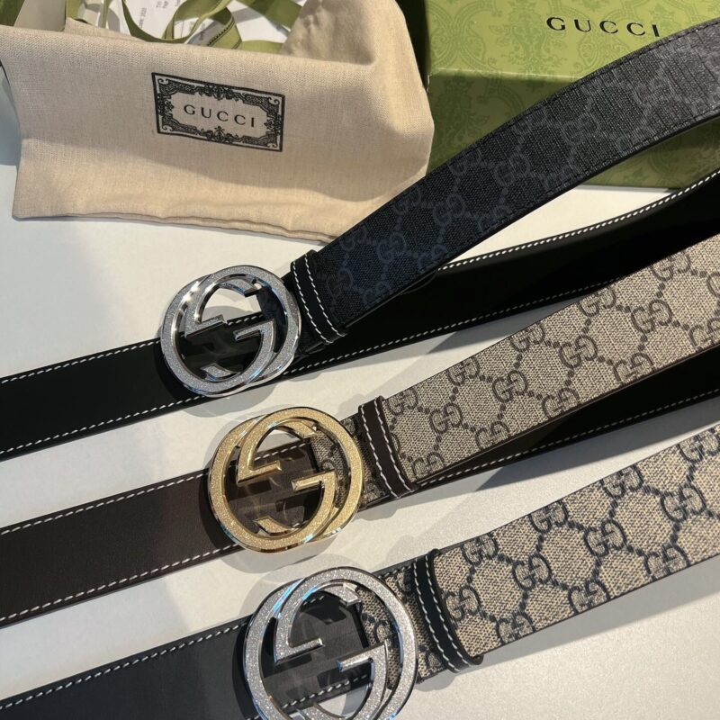 GUCCI古驰   男士PVC配皮双G精钢滚砂金属扣38mm腰带