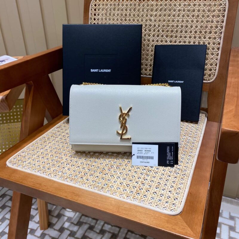 YSL 𝑲𝒂𝒕𝒆 𝟮𝟰𝒄𝒎 鱼子酱斜挎链条包 白色/金扣