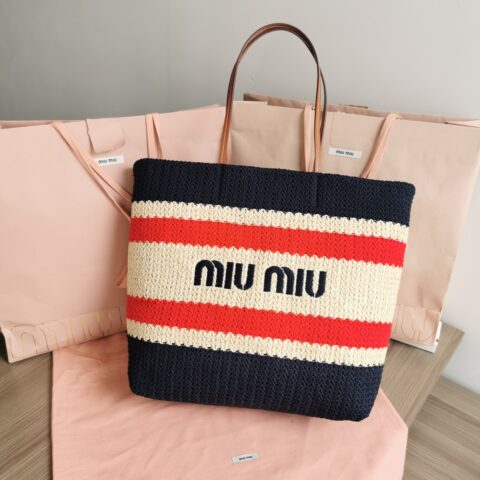 MIUMIU缪缪进口拉菲草编拼绵线编织托特包5BG228