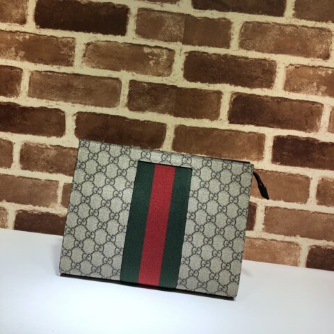 GUCCI古驰饰条纹织带GG Supreme帆布手拿包475316
