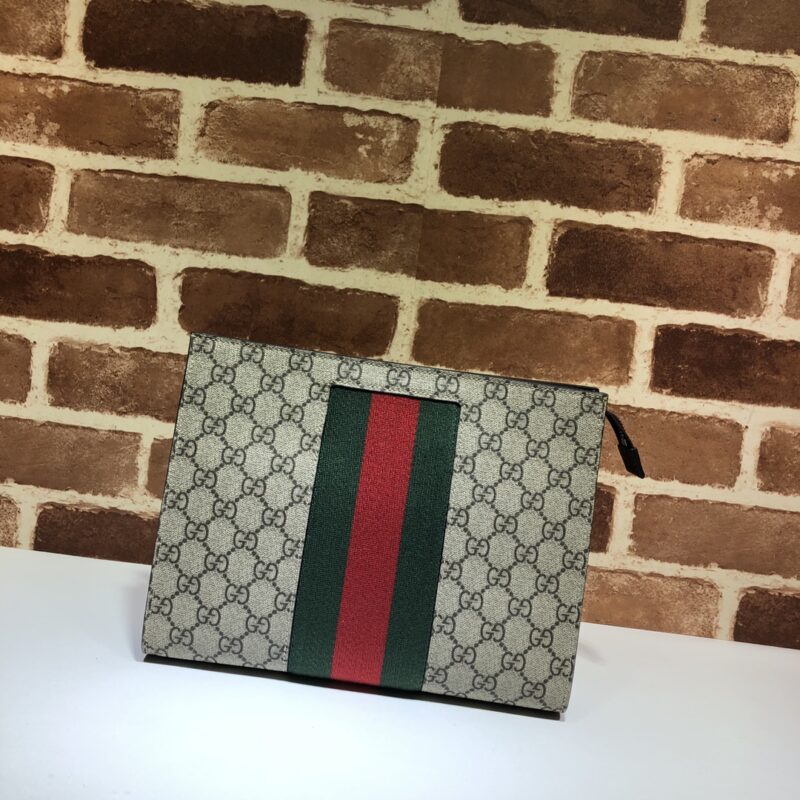 GUCCI古驰饰条纹织带GG Supreme帆布手拿包475316