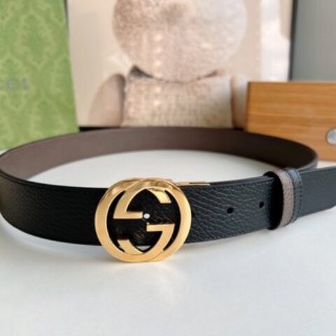 Gucci古驰3.5cm全皮黑色咖啡双G金扣/银扣腰带