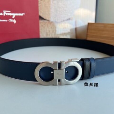 Salvatore  Ferragamo菲拉格慕男士3.5cm精致专柜版型双圈马蹄金属扣头层牛皮双面腰带
