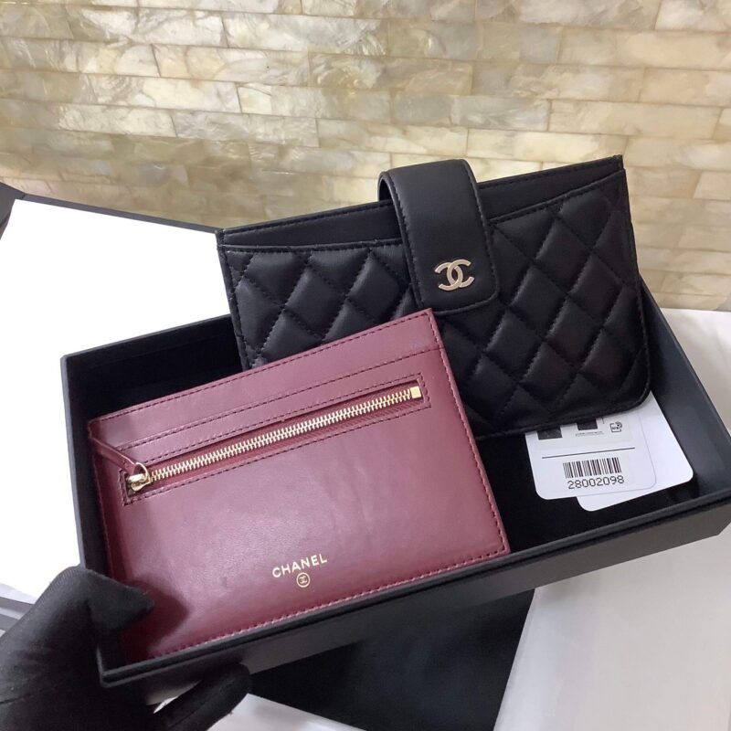 Chanel二件套卡包羊皮长款零钱包手机包卡包 A81902黑色/金扣