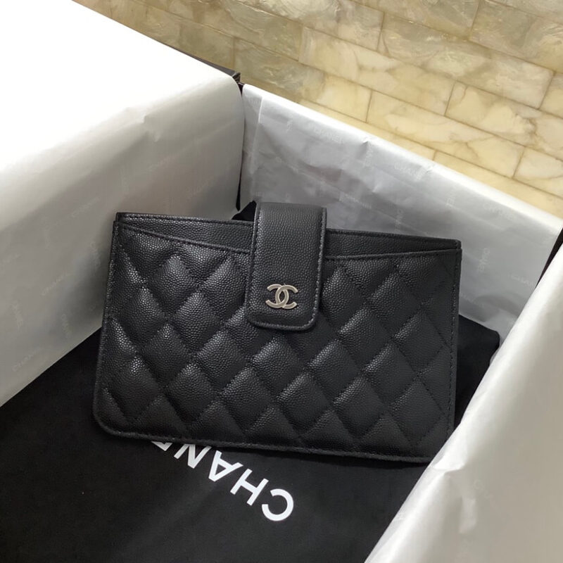 Chanel二件套卡包细球牛皮长款零钱包手机包卡包 A81902黑色/银扣