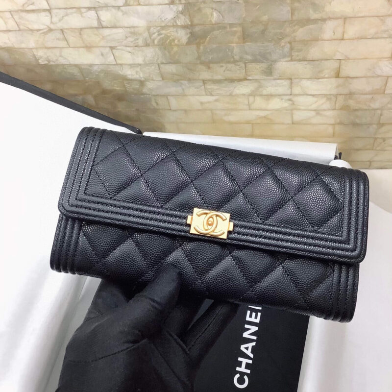 Chanel原单进口球纹二折钱夹 A80286黑色/金扣