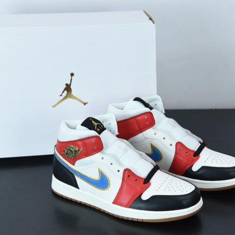 aj1 Mid 黑白红 灯芯绒蓝勾高帮篮球鞋 货号:DC1426-100