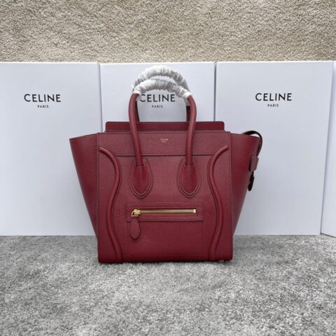 CELINE赛琳酒红色荔枝纹超小号转鼓小牛皮手袋189793