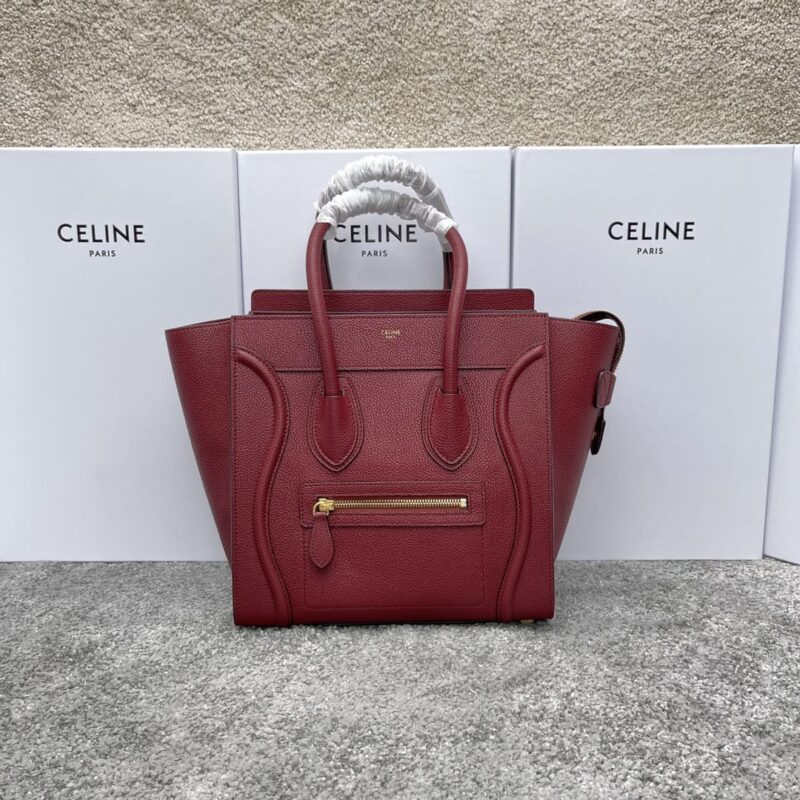 CELINE赛琳酒红色荔枝纹超小号转鼓小牛皮手袋189793