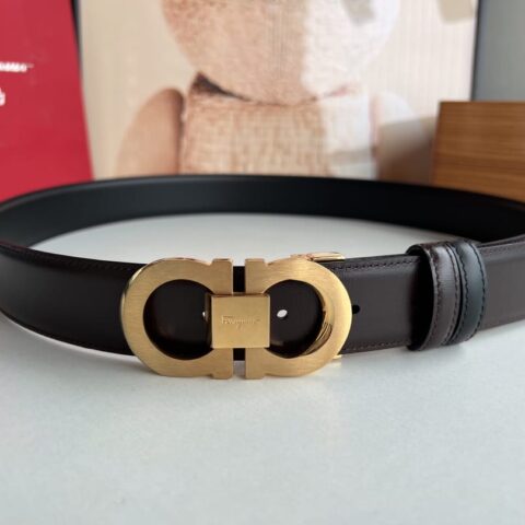 Ferragamo菲拉格慕 精钢8字金属夹扣头层牛皮男士3.5cm腰带