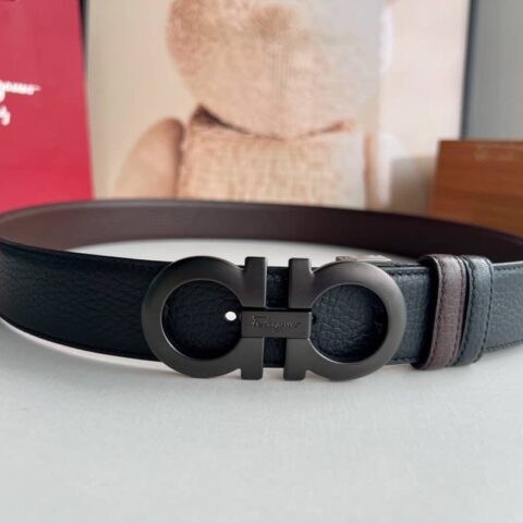 Ferragamo菲拉格慕 精致8字金属夹扣头层牛皮纹理腰带3.5cm