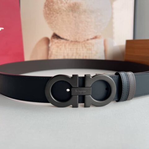 Ferragamo菲拉格慕 精致8字金属夹扣头层牛皮纹理腰带3.5cm