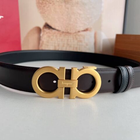 Ferragamo菲拉格慕 精致8字金属夹扣头层牛皮纹理腰带3.5cm