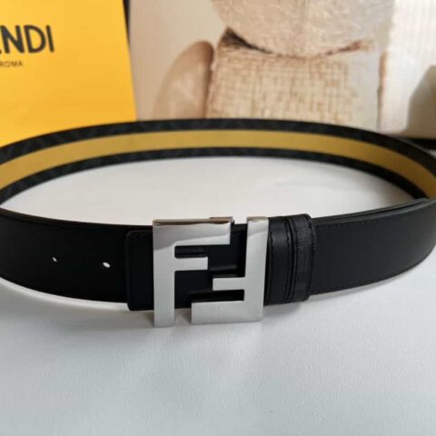 FENDI 芬迪最新非凡创意渐变印花深蓝色双FF牛皮腰带4.0cm