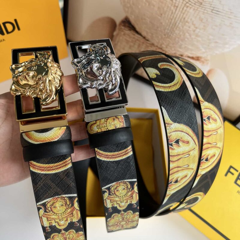 FEND芬迪 金属扣印花面料牛皮男士4.0cm腰带