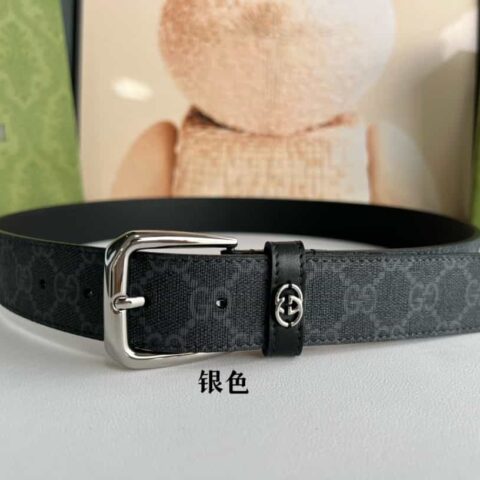 Gucci古驰 GG Supreme帆布GG字母交织图案的男士经典款腰带3.5cm.