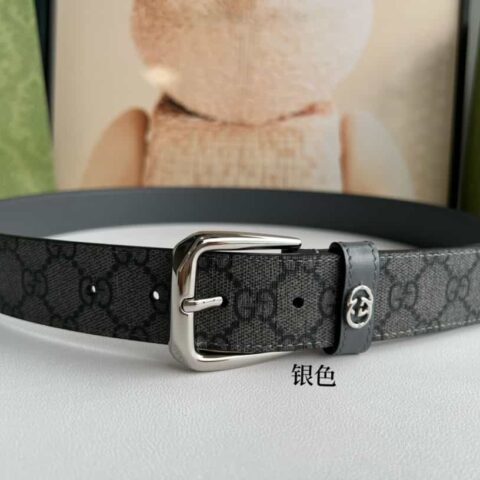 Gucci古驰 GG Supreme帆布GG字母交织图案的男士经典款腰带3.5cm.